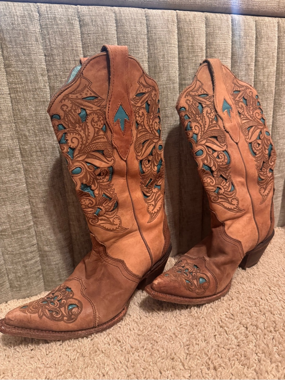 Women's Brown Leather Western Boots with Turquoise Inlay